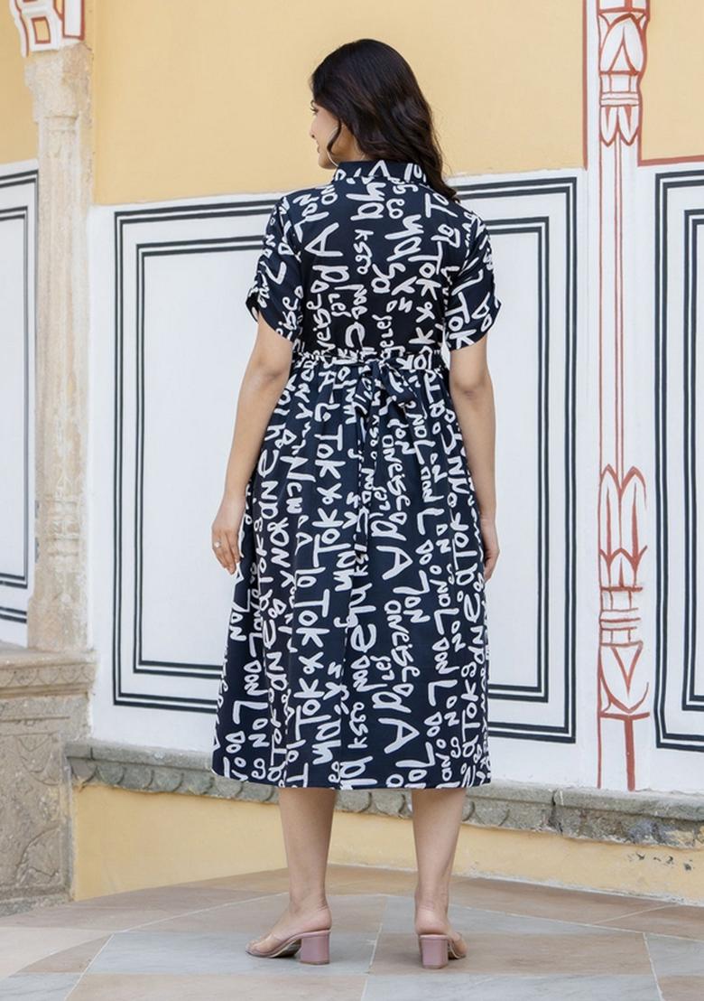 Black Printed Cotton Dress - Indya