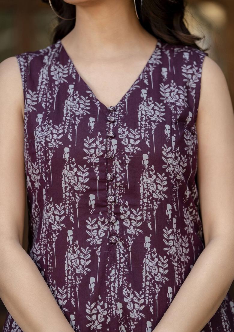 Burgundy Printed Cotton Dress - Indya