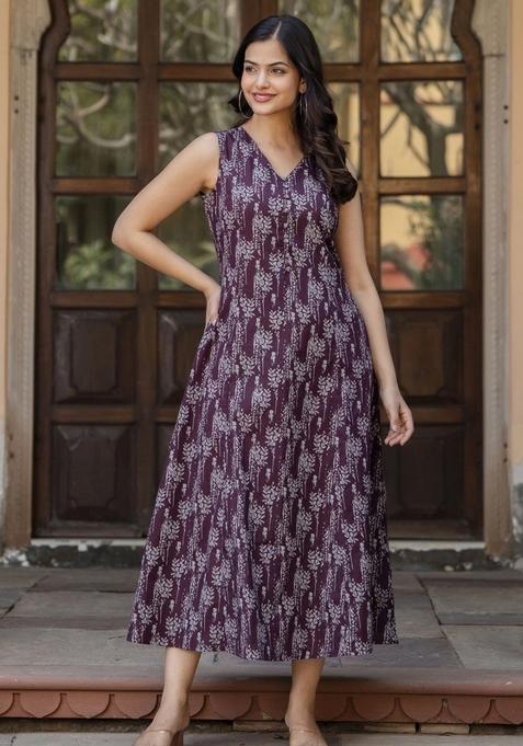Burgundy Printed Cotton Dress