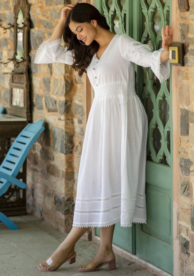 White Floral Cotton Dress - Indya