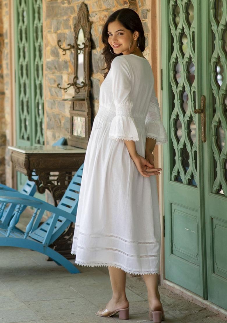 White Floral Cotton Dress - Indya