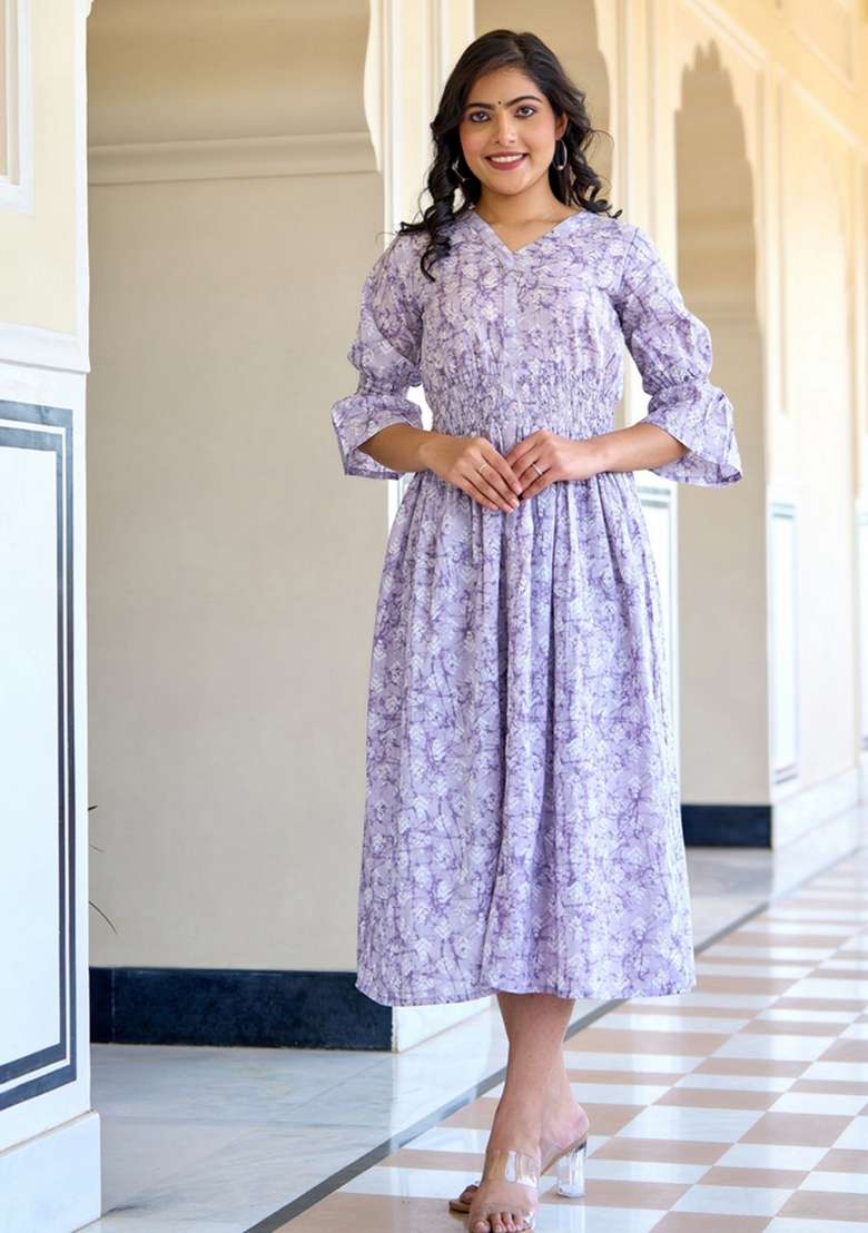 Purple Floral Print Cotton Kurta - Indya