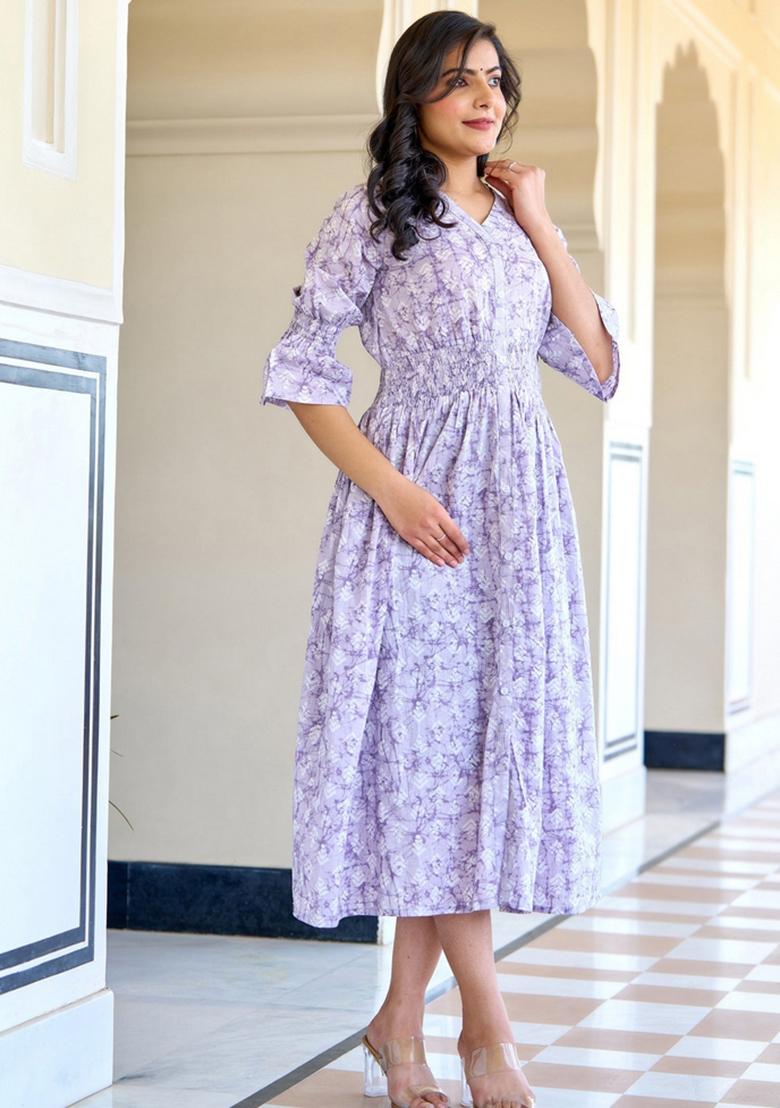 Purple Printed Cotton Dress - Indya