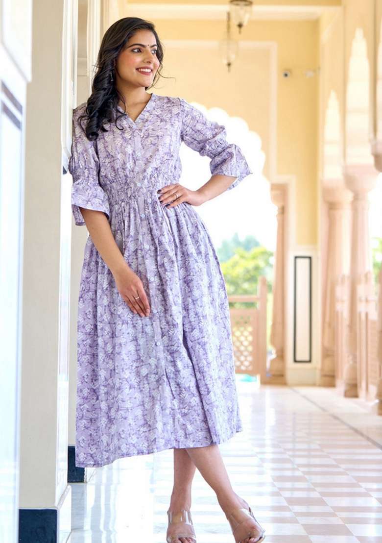 Purple Floral Print Cotton Kurta - Indya