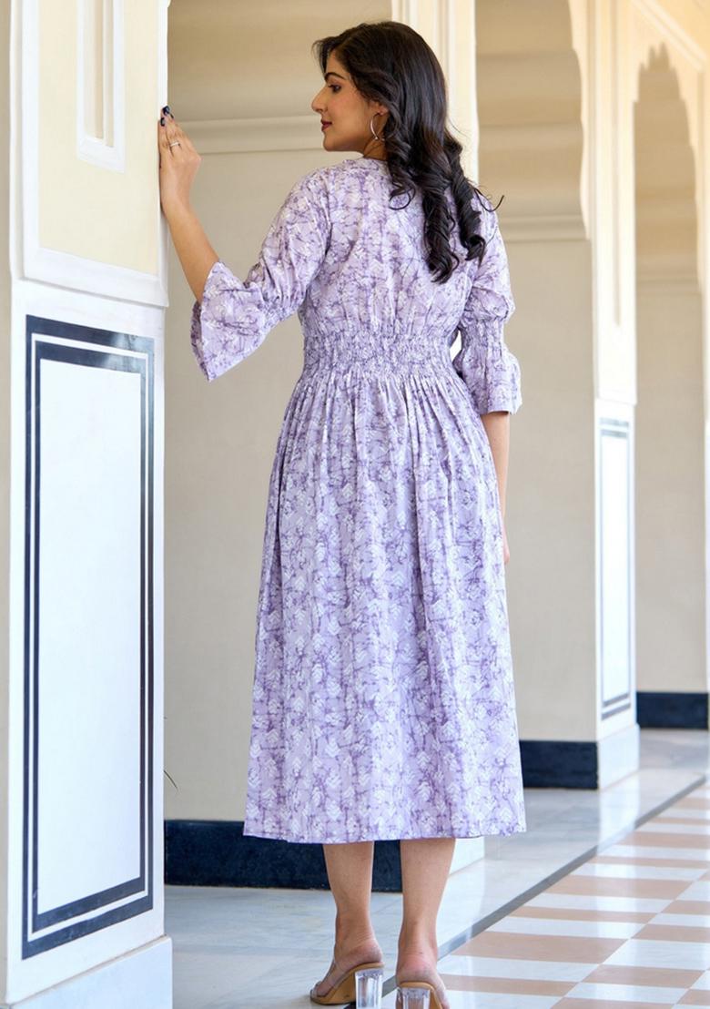 Purple Printed Cotton Dress - Indya