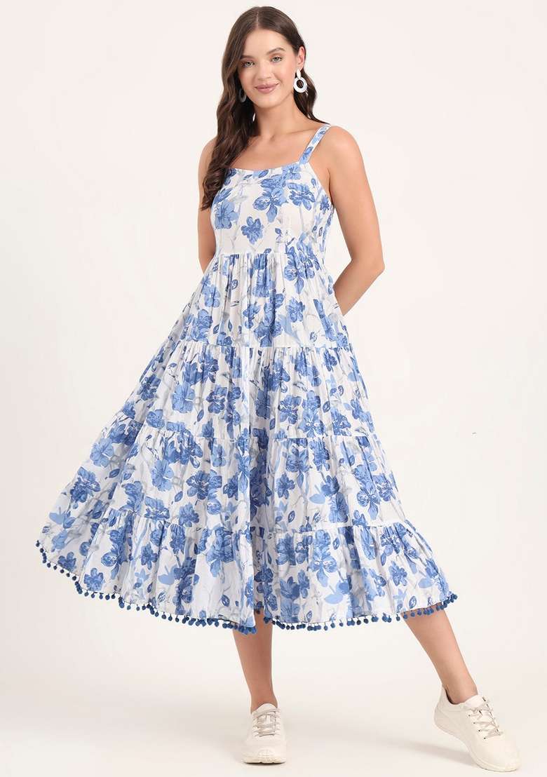 White & Blue Floral Cotton Dress - Indya