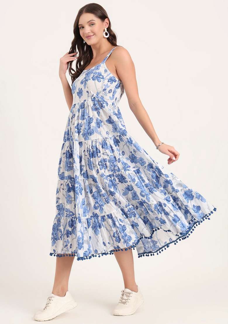 White & Blue Floral Cotton Dress - Indya