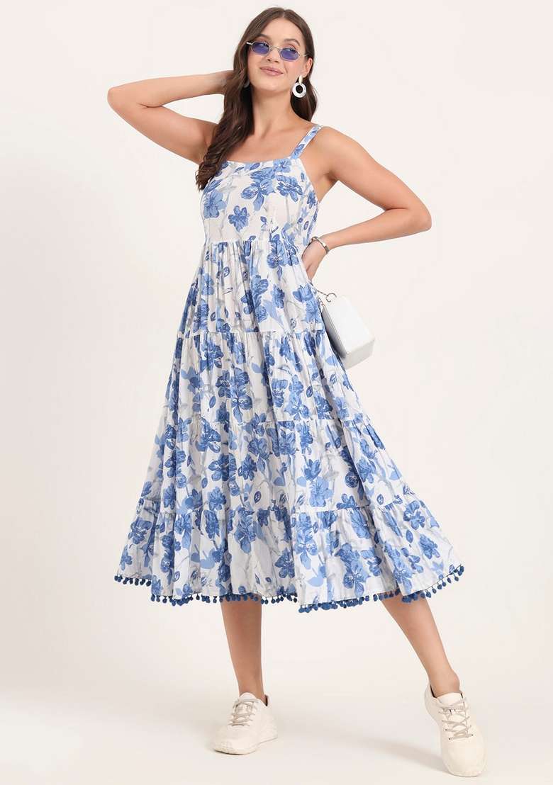 White & Blue Floral Cotton Dress - Indya