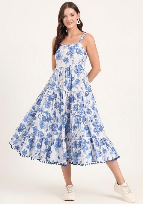 White & Blue Floral Cotton Dress