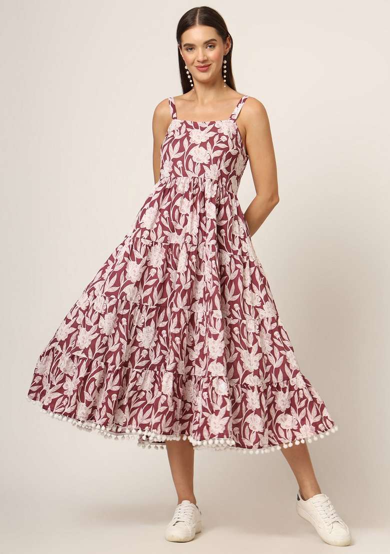 Burgundy Printed Cotton Dress - Indya