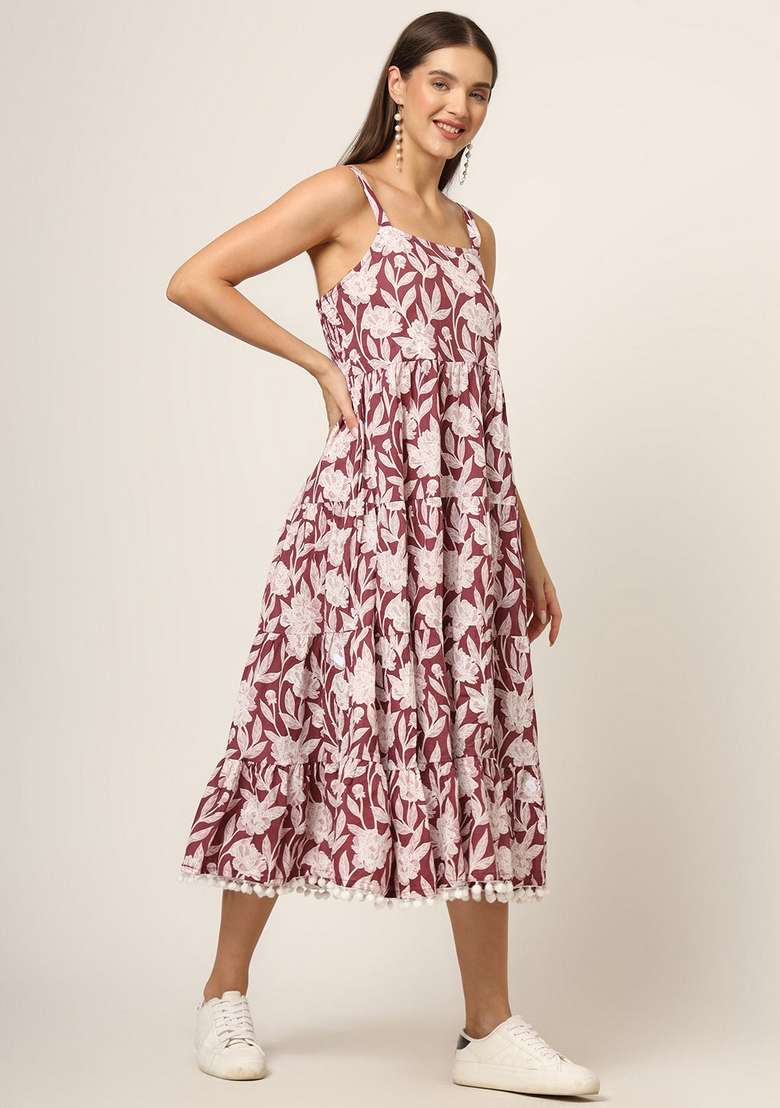 Burgundy Printed Cotton Dress - Indya