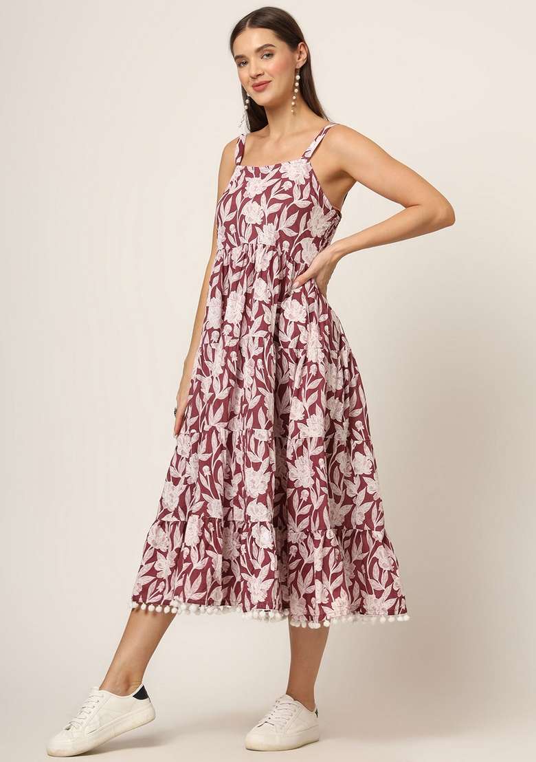 Burgundy Printed Cotton Dress - Indya
