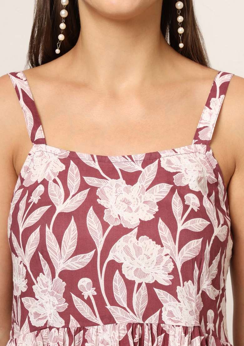 Burgundy Printed Cotton Dress - Indya