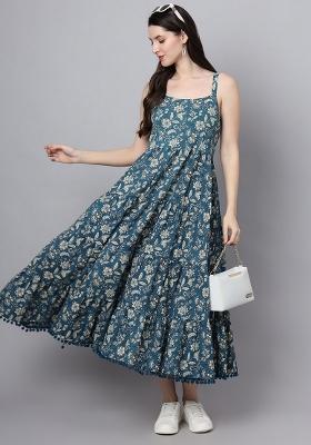 Blue & Off White Floral Cotton Dress