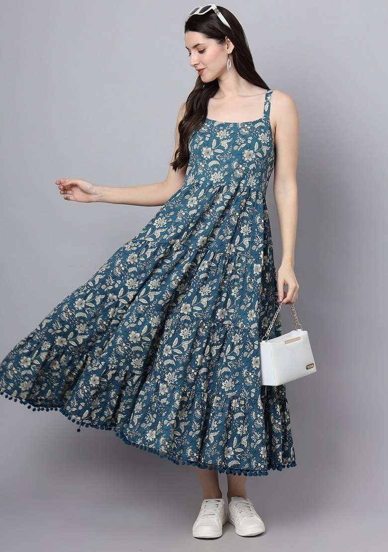 Blue & Off White Floral Cotton Dress - Indya