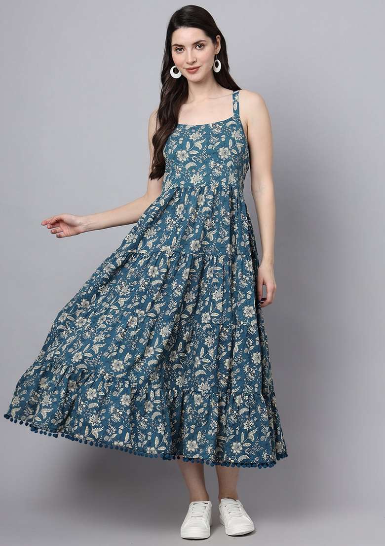 Blue & Off White Floral Cotton Dress - Indya