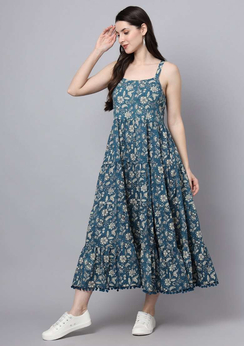 Blue & Off White Floral Cotton Dress - Indya