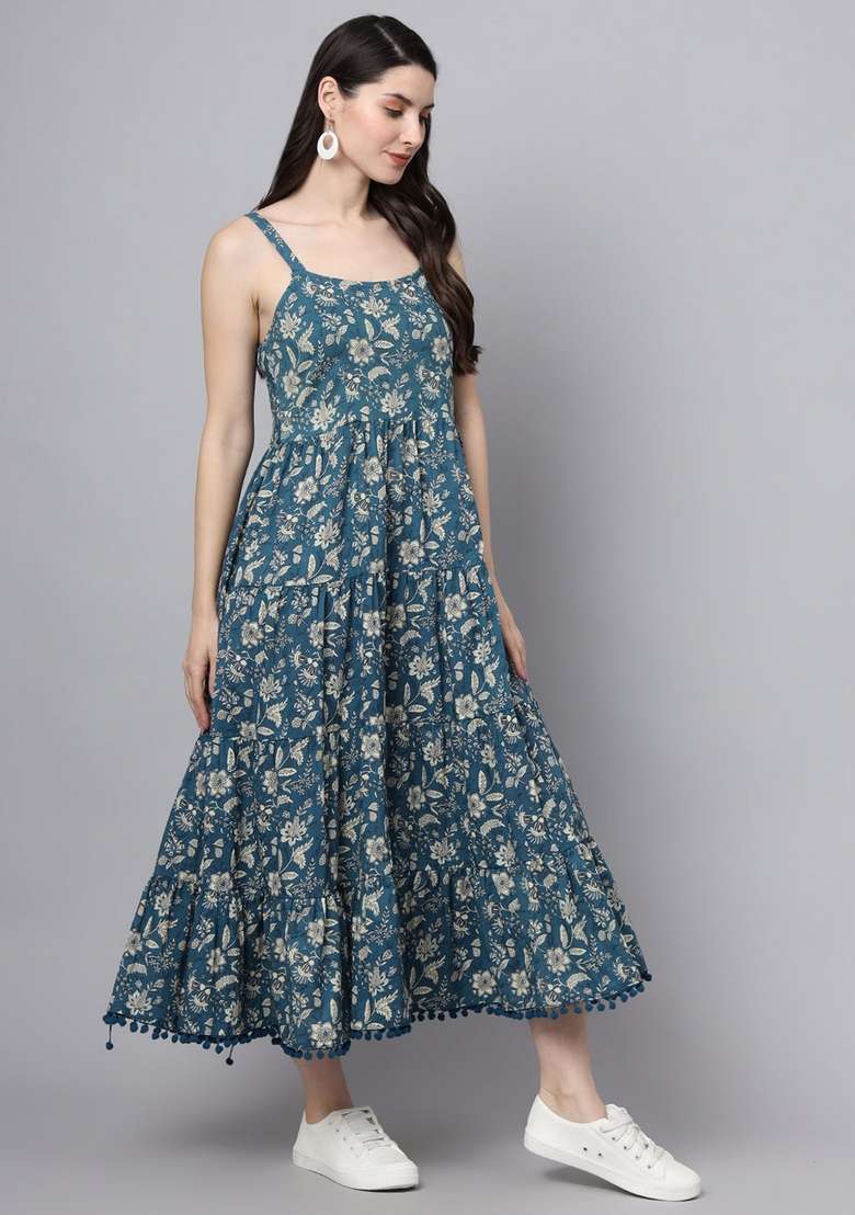 Blue & Off White Floral Cotton Dress - Indya