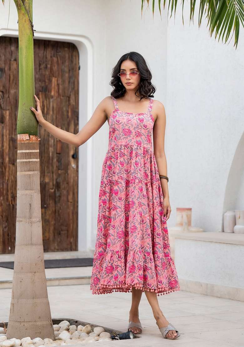 Pink Floral Cotton Dress - Indya