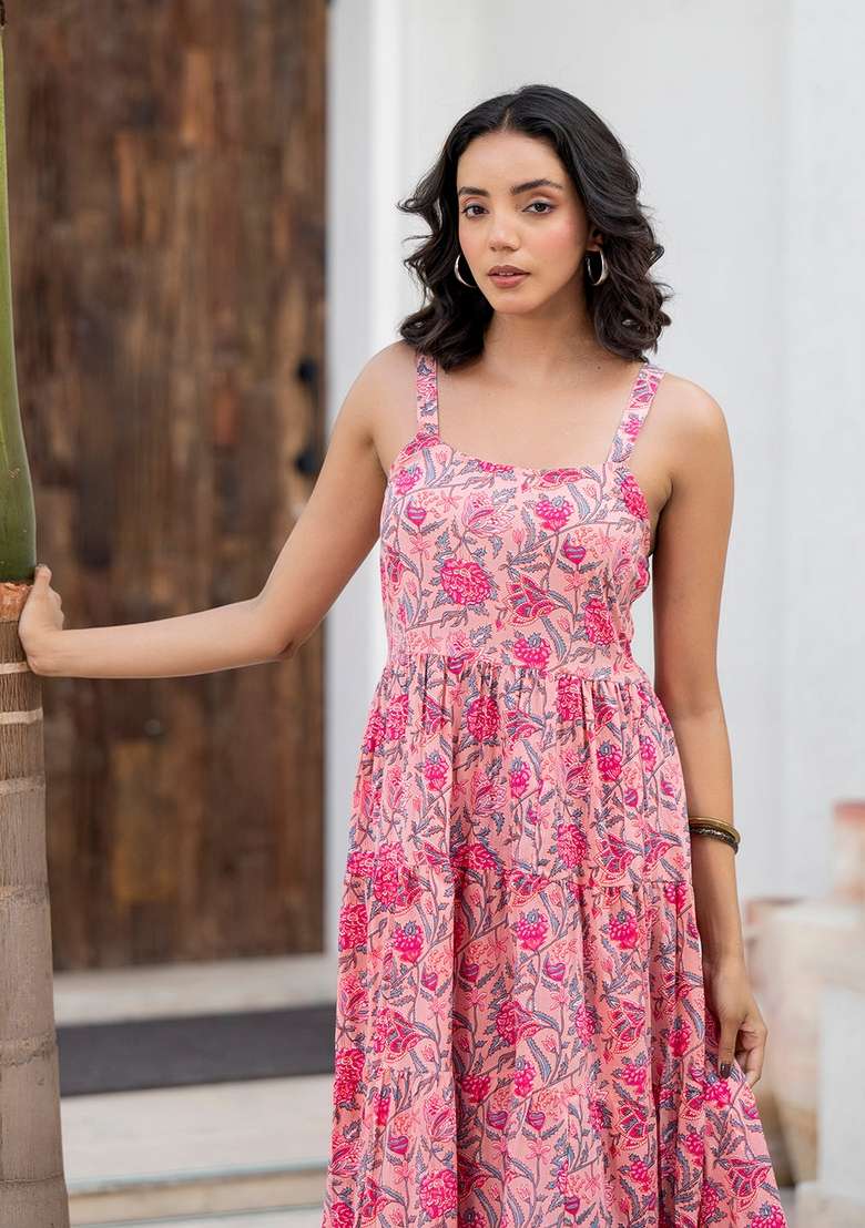 Pink Floral Cotton Dress - Indya