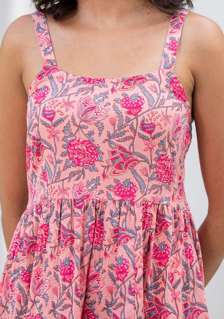Pink Floral Cotton Dress - Indya