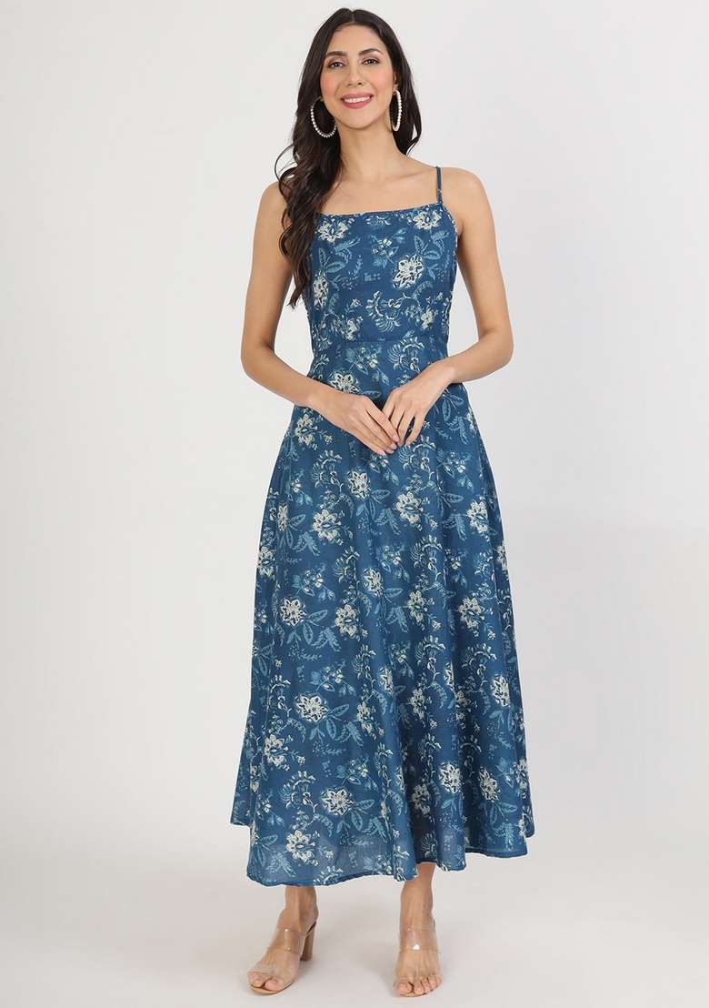 Indigo Blue Floral Print Cotton Gown - Indya