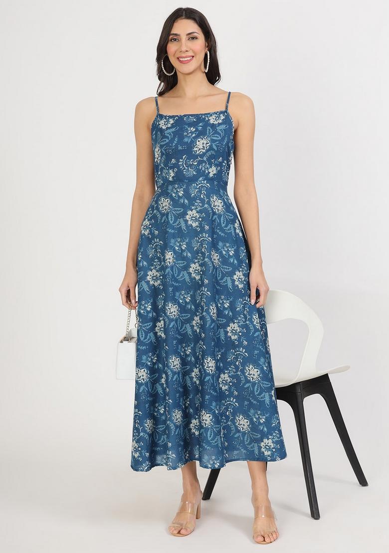 Indigo Blue Floral Cotton Dress - Indya