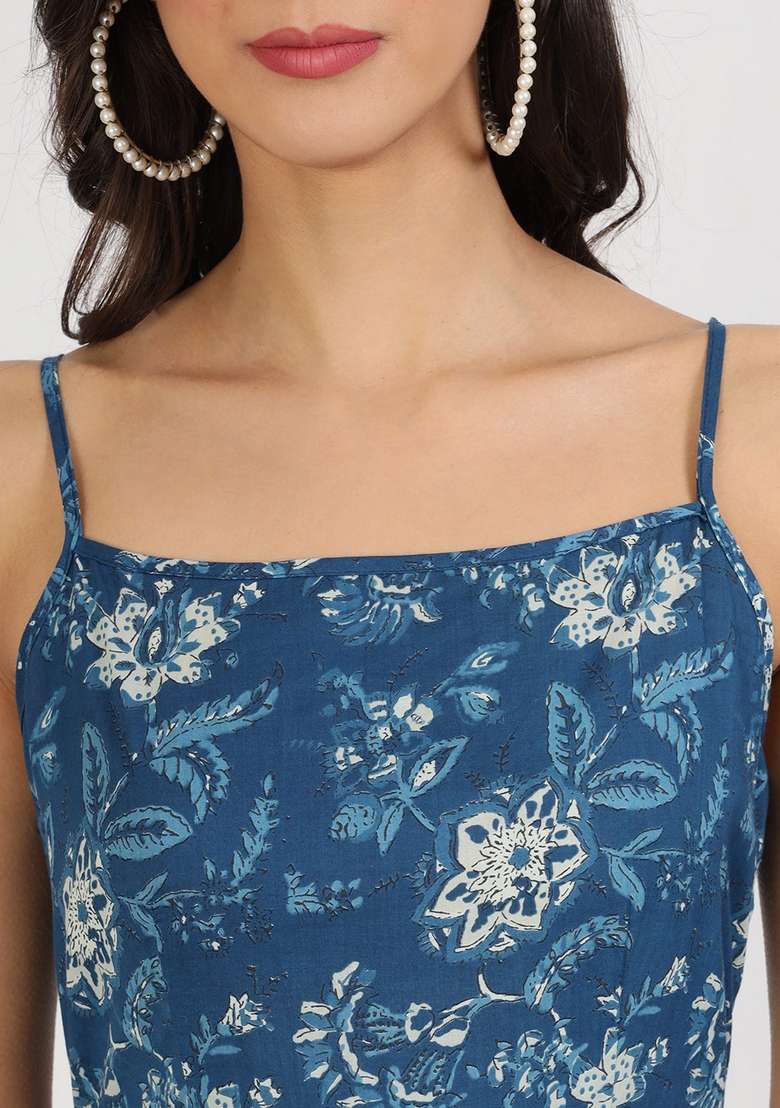 Indigo Blue Floral Print Cotton Gown - Indya