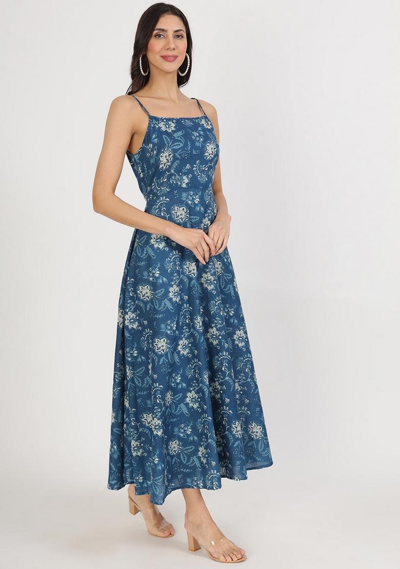 Indigo Blue Floral Cotton Dress - Indya
