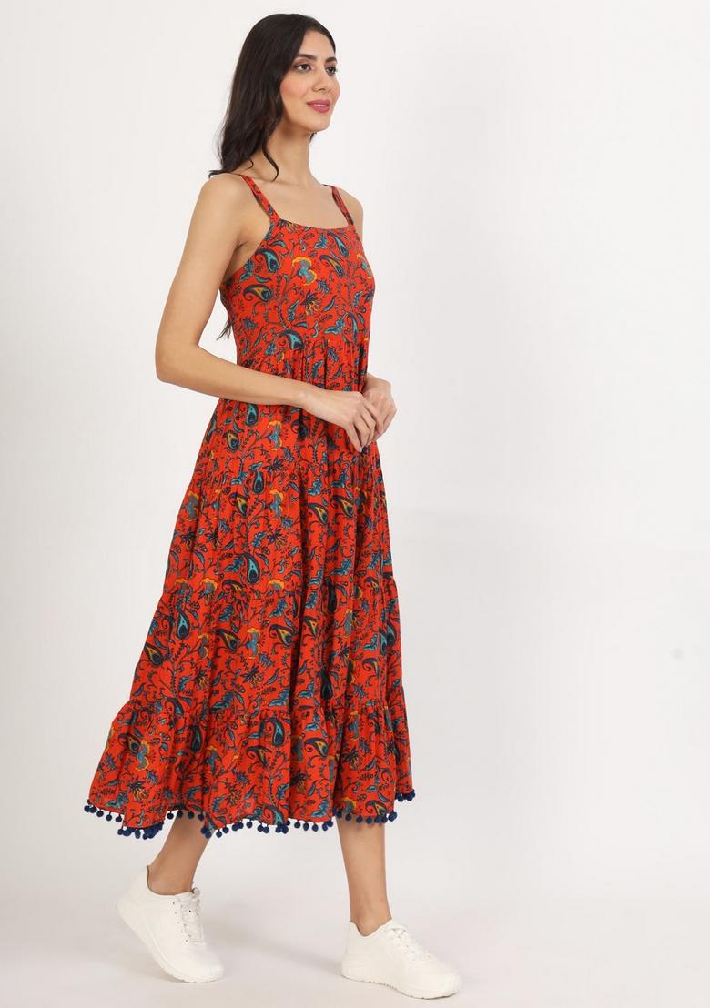 Red Floral Cotton Dress - Indya