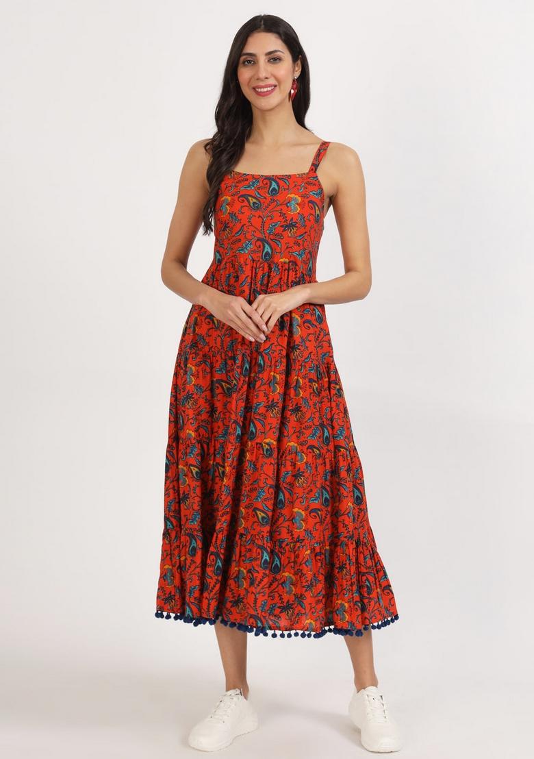Red Floral Cotton Dress - Indya