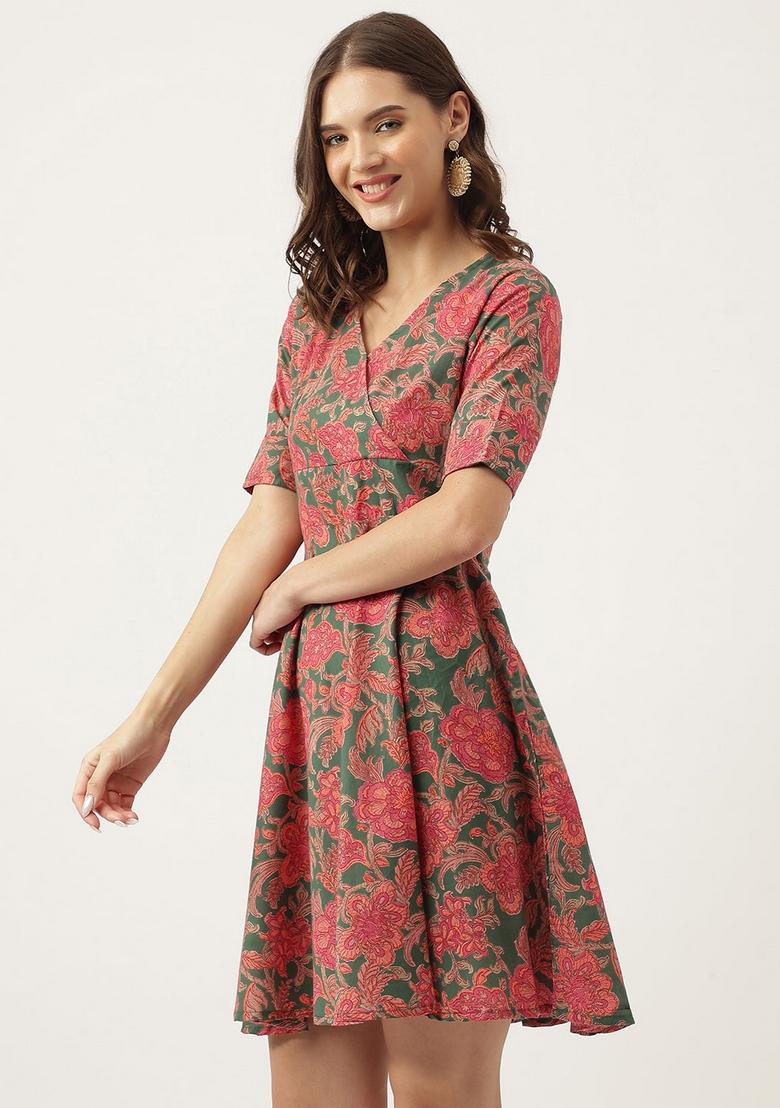 Pink And Multi Color Floral Cotton Dress - Indya