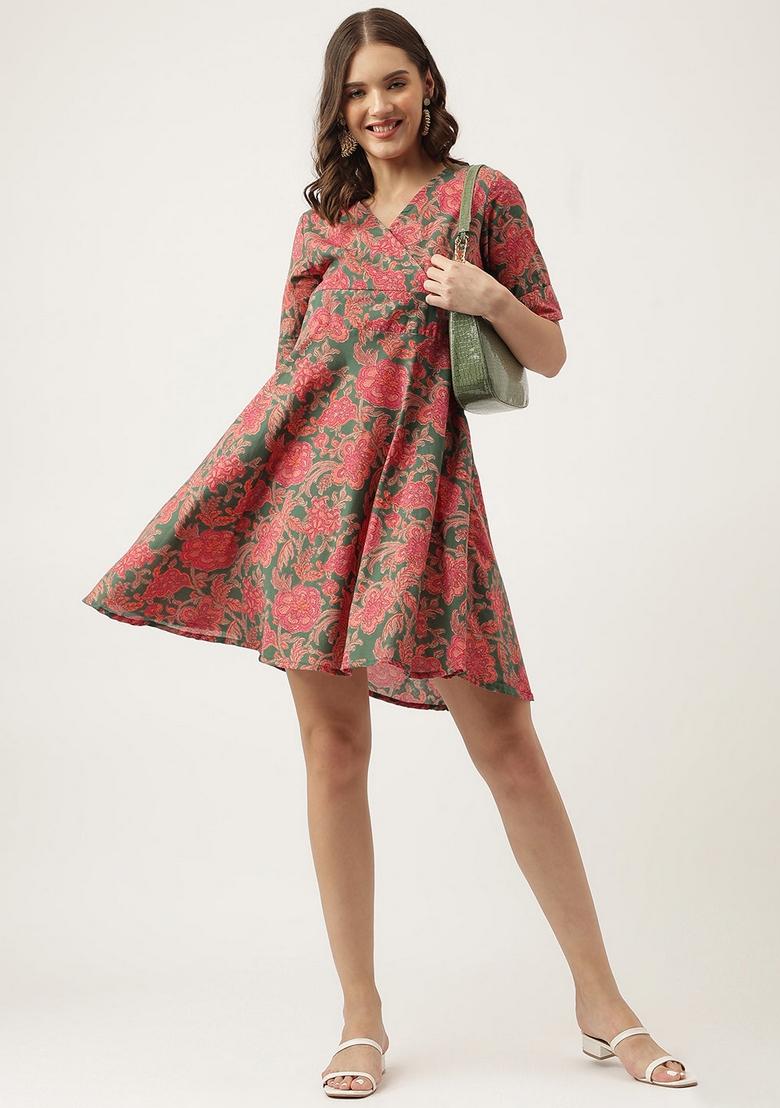 Pink And Multi Color Floral Cotton Dress - Indya