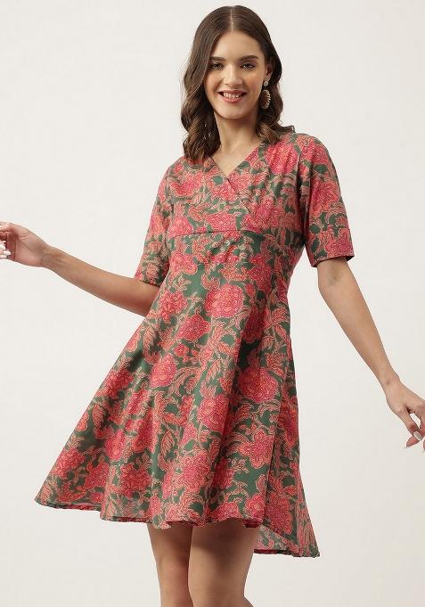 Pink And Multi Color Floral Cotton Dress