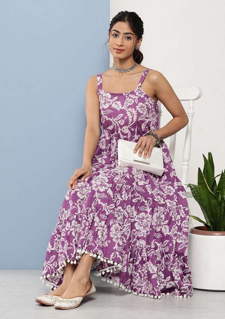 Purple Floral Print Cotton Gown - Indya