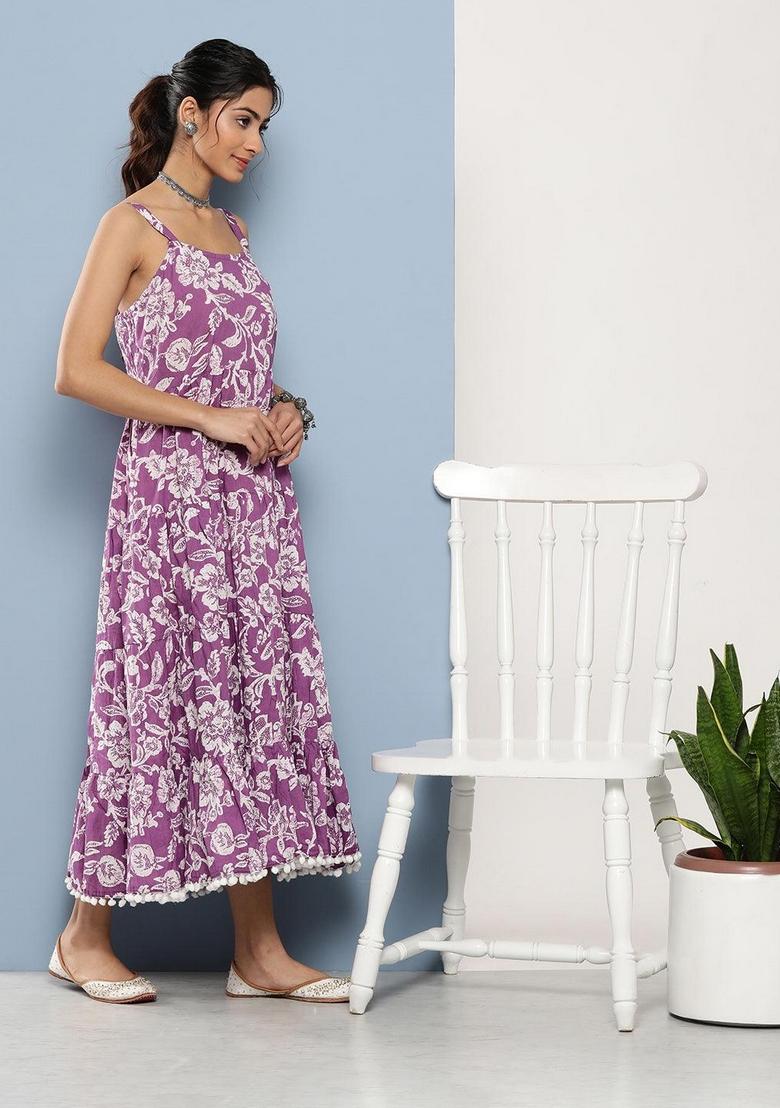 Purple Floral Cotton Dress - Indya