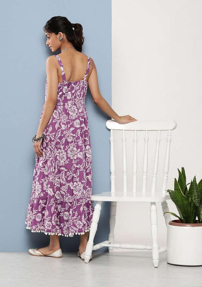 Purple Floral Print Cotton Gown - Indya