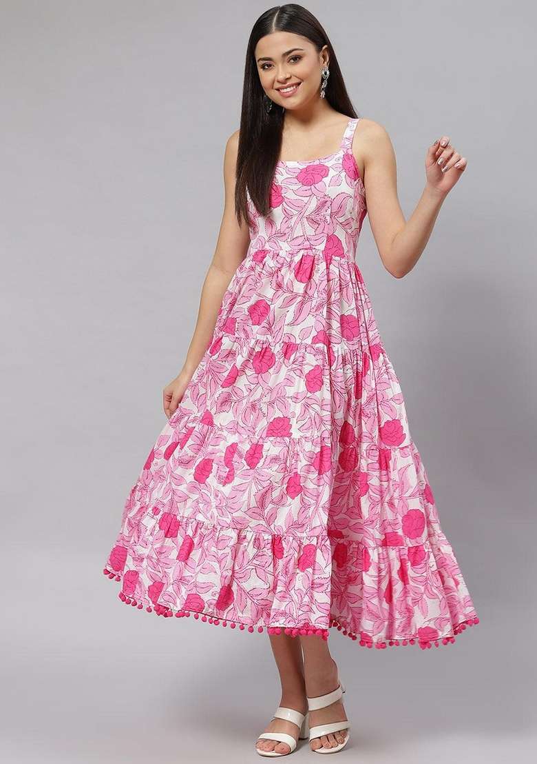 White Floral Print Cotton Gown - Indya