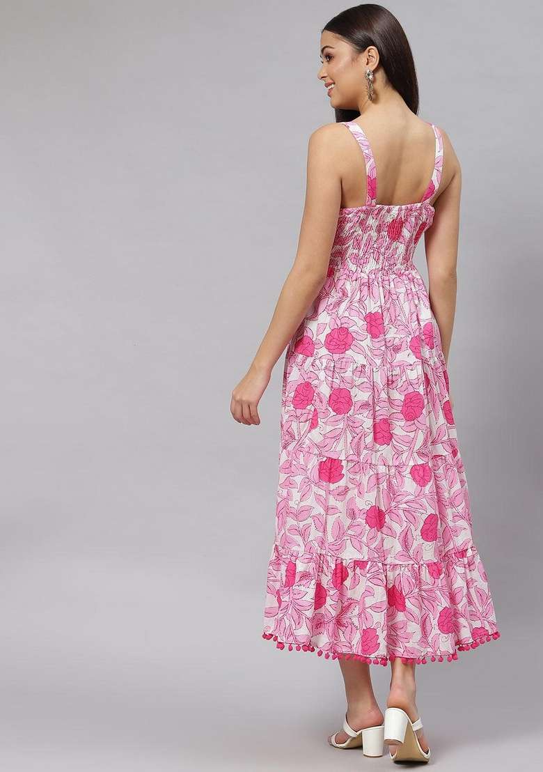 White Floral Print Cotton Gown - Indya