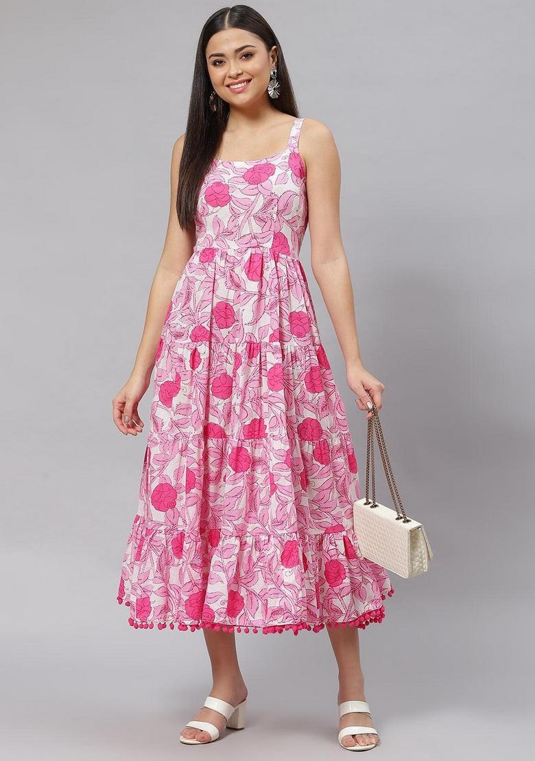 White Floral Cotton Dress - Indya