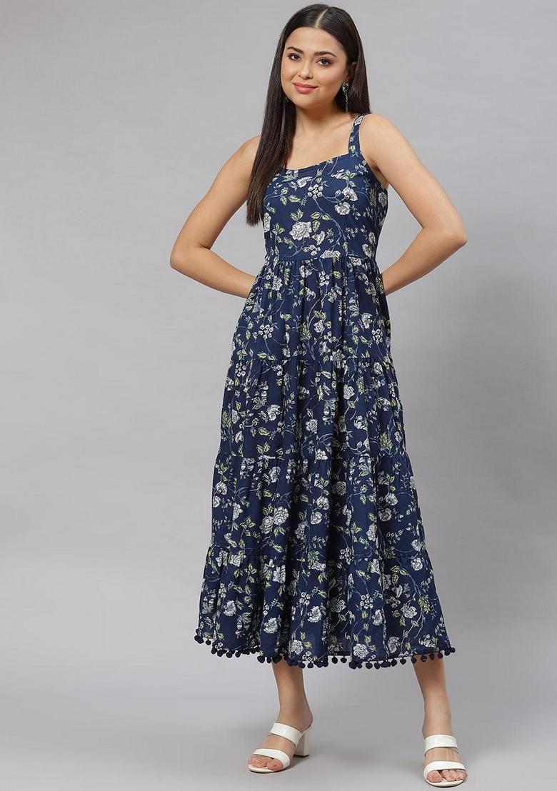 Blue Floral Cotton Dress - Indya