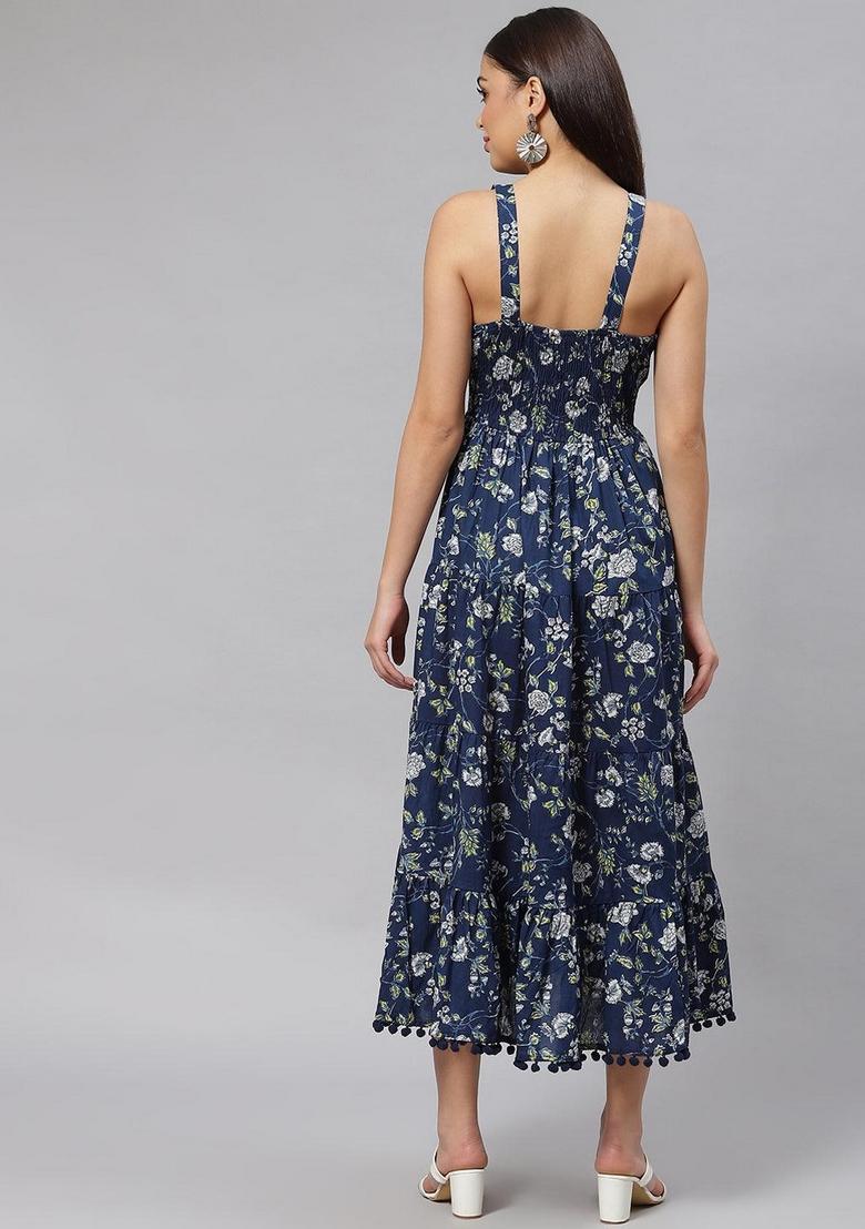 Blue Floral Cotton Dress - Indya