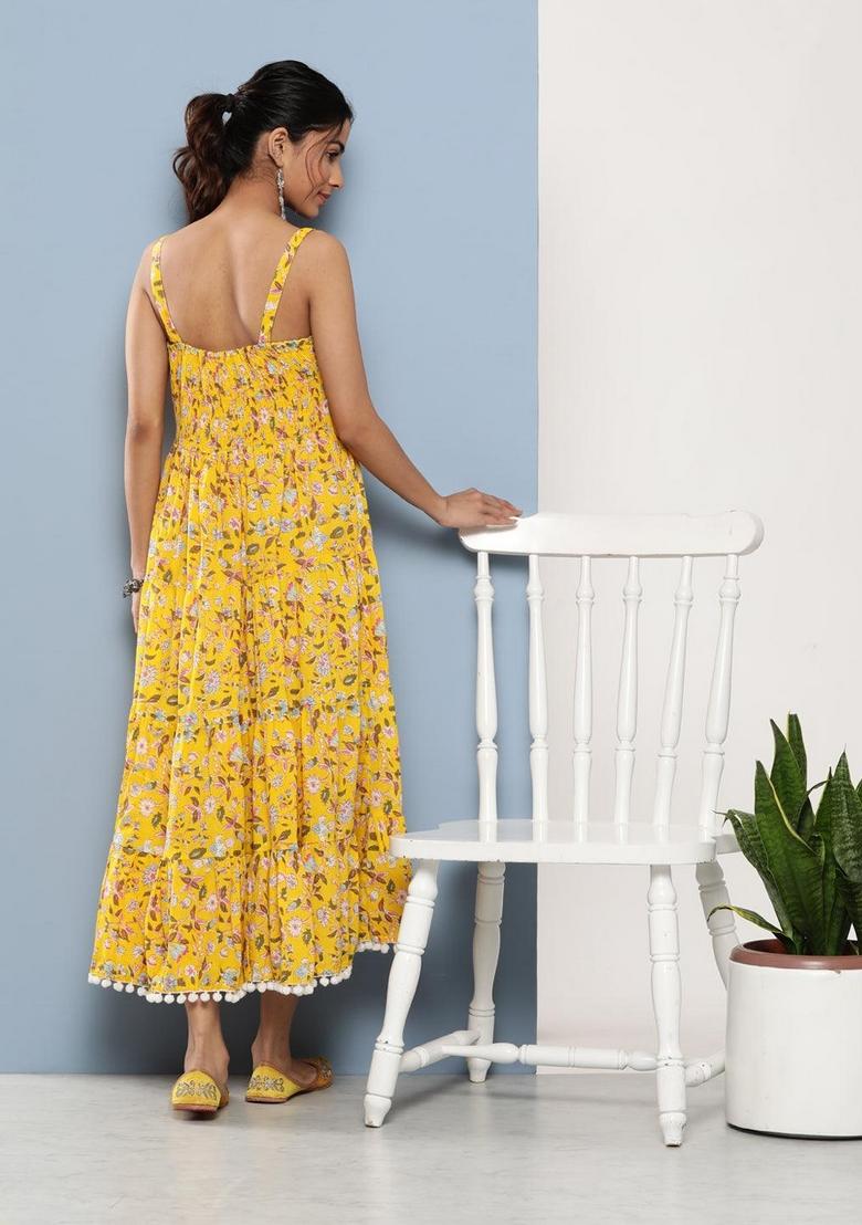 Yellow Floral Cotton Dress - Indya