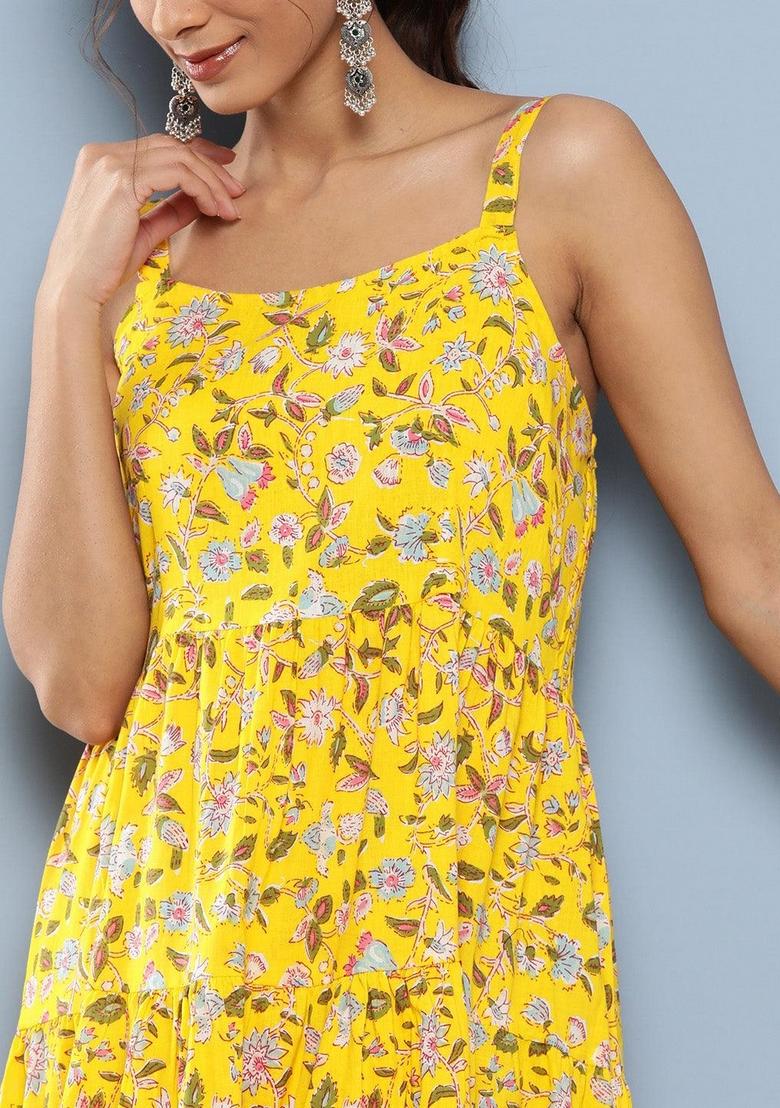 Yellow Floral Cotton Dress - Indya