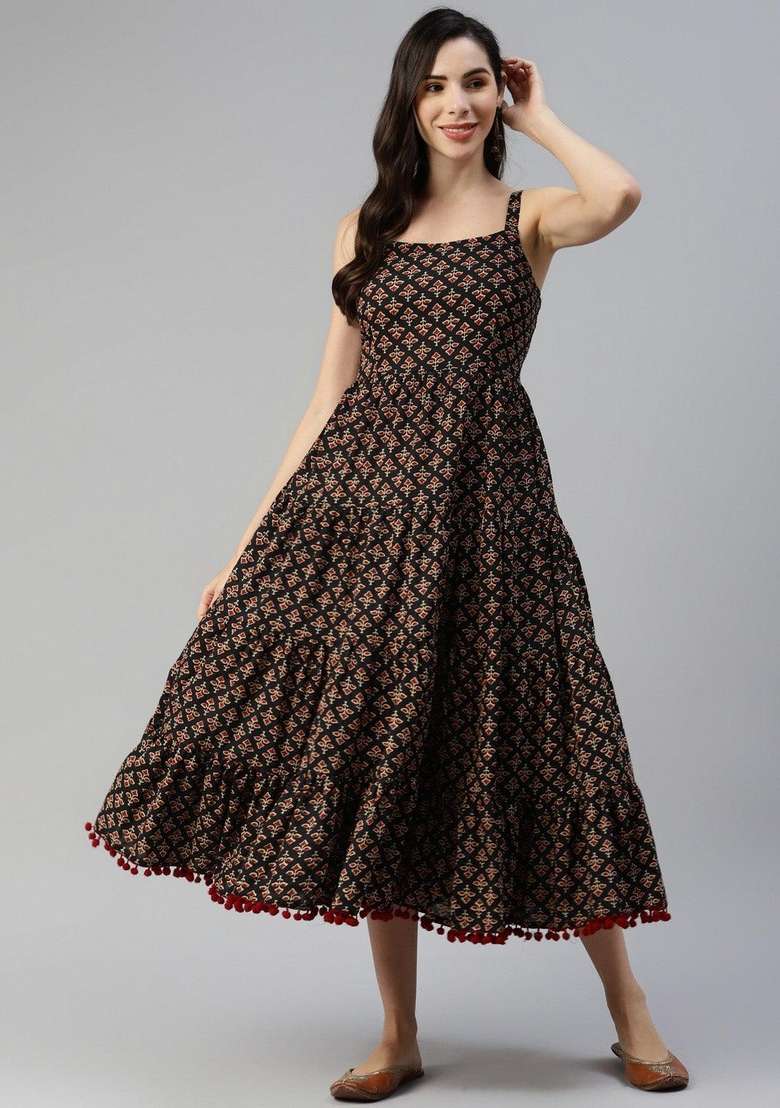 Black Printed Cotton Gown - Indya