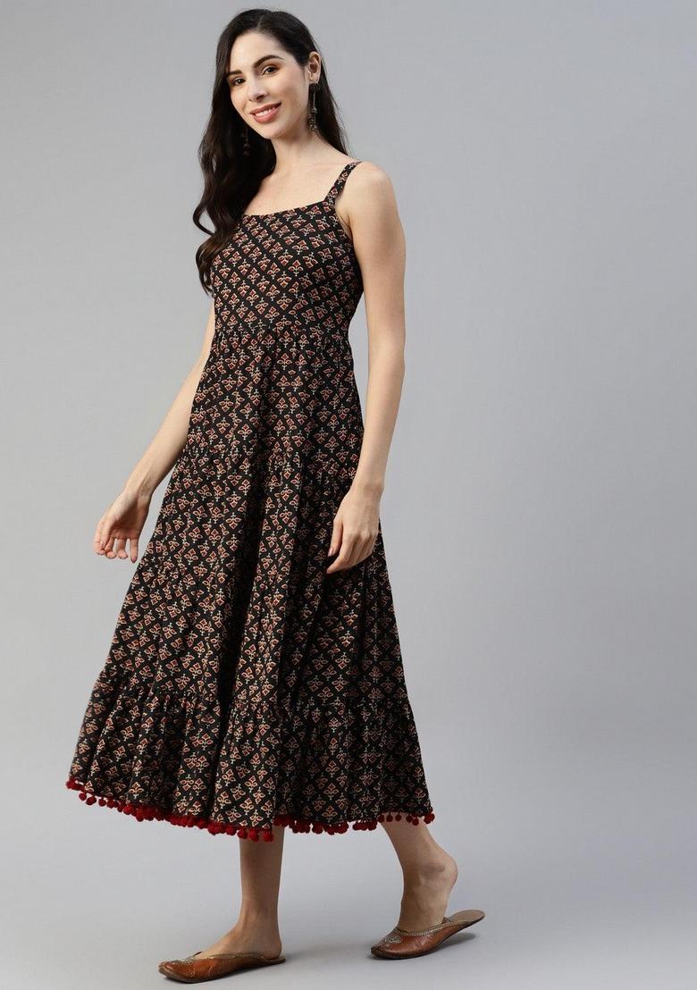 Black Floral Cotton Dress - Indya
