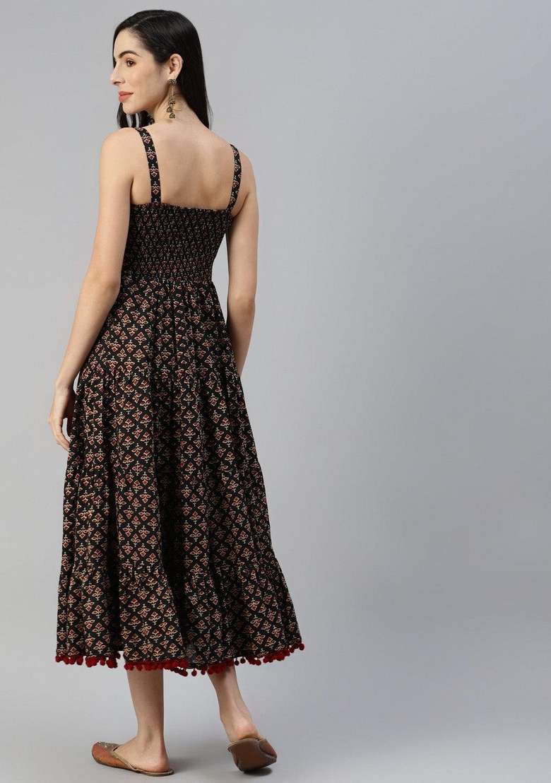 Black Printed Cotton Gown - Indya