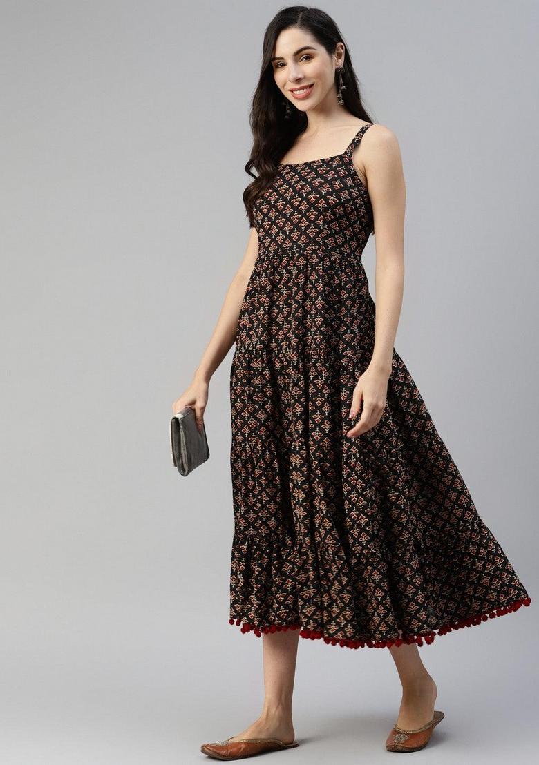 Black Floral Cotton Dress - Indya