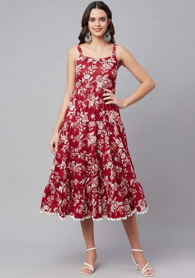 Red Floral Print Cotton Gown - Indya