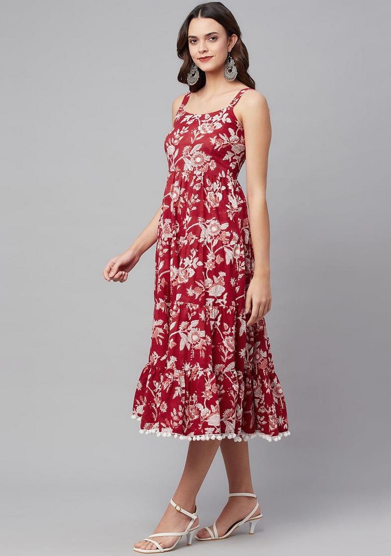 Red Floral Cotton Dress - Indya